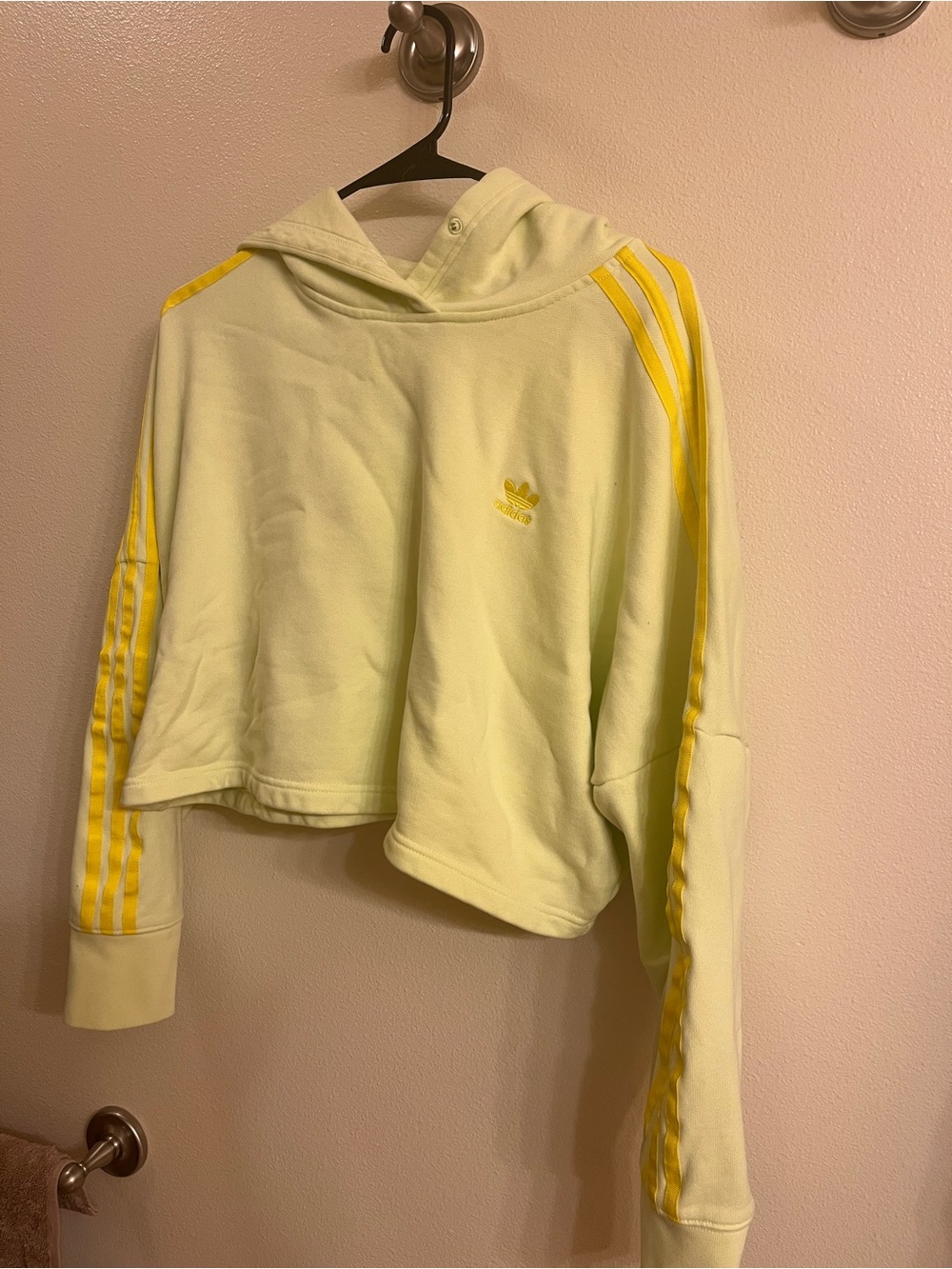 adidas Cropped Hoodie in Pale Yellow with Yellow Stripe Detail